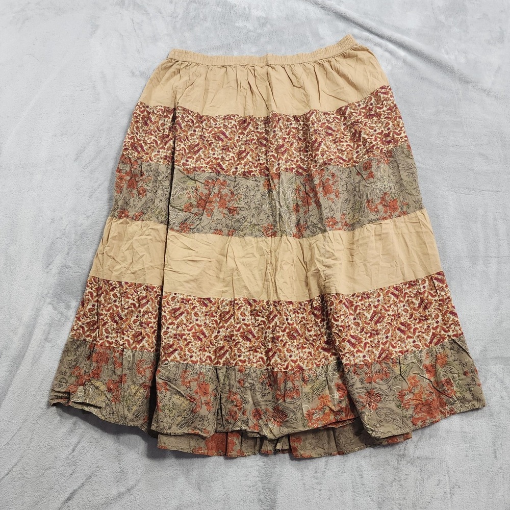 Vintage Venezia Skirt Womens 1X Tan Floral Peasant Midi Tiered Boho Pull On